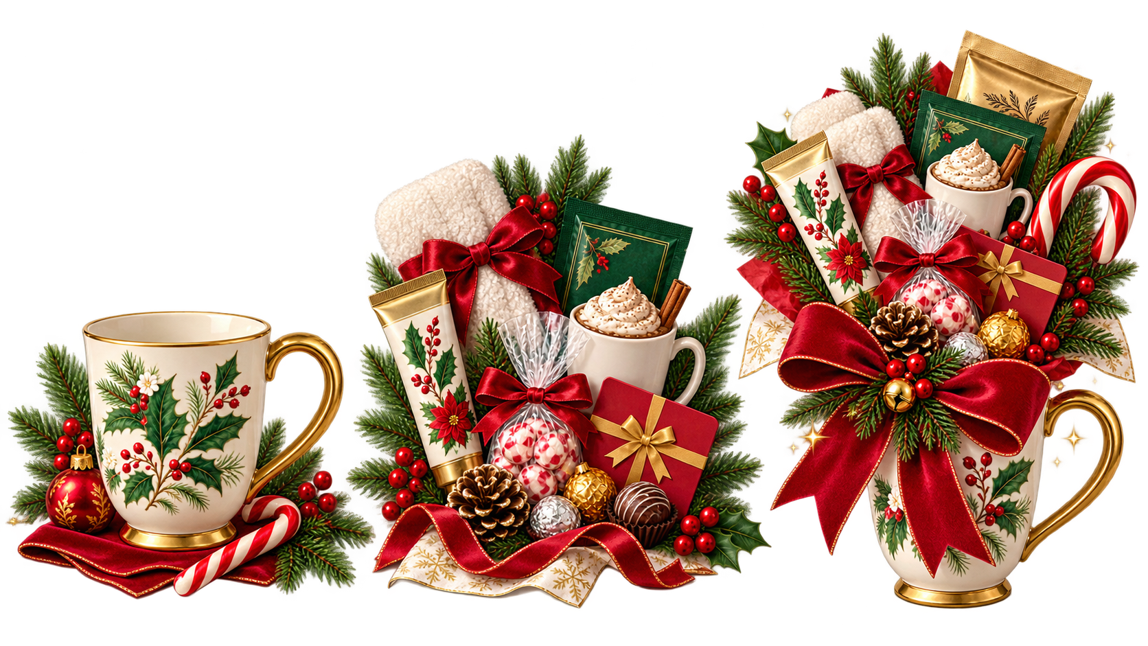 Festive Christmas mug overflowing with gifts and holiday treats