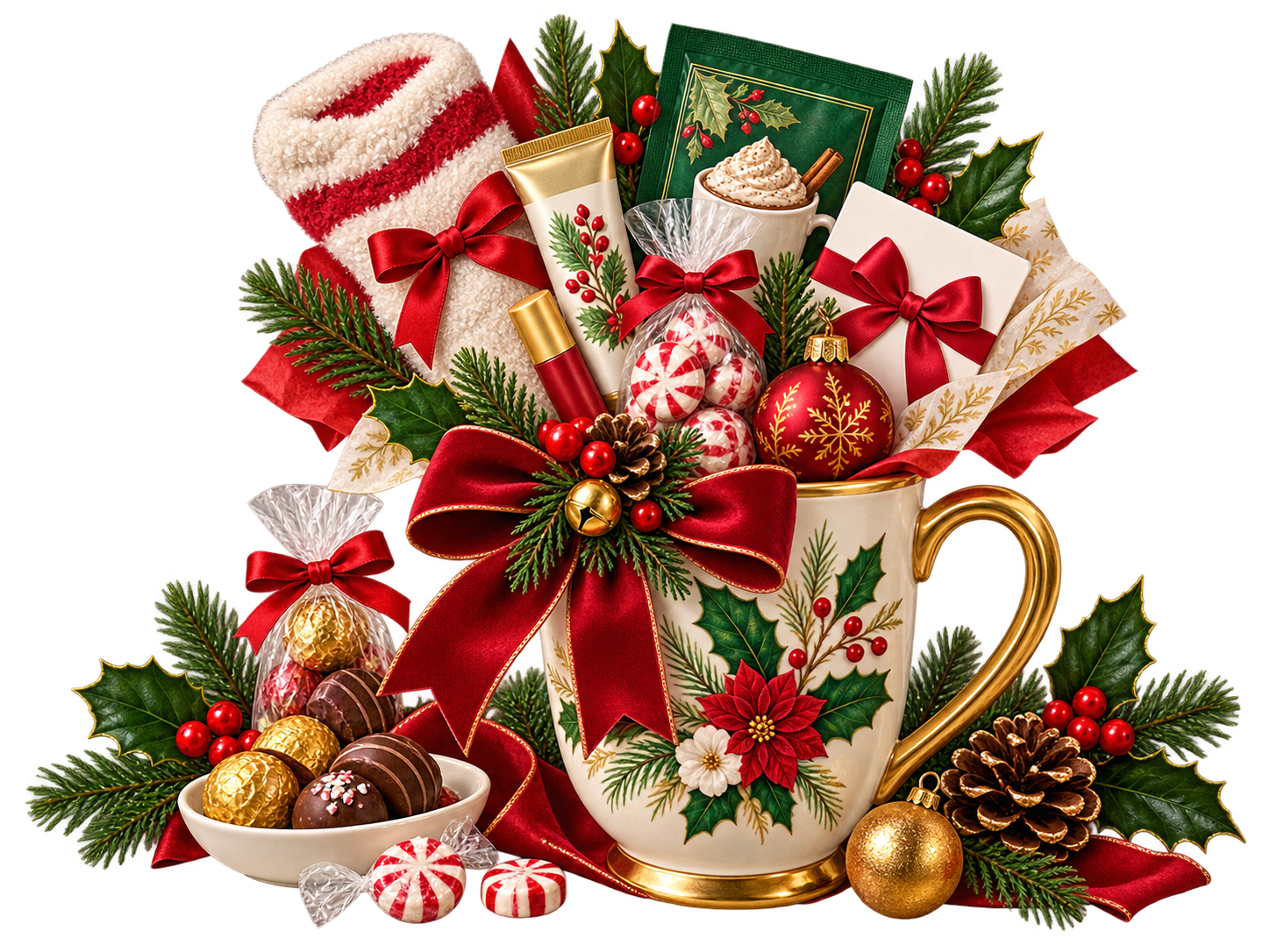 Four decorated Christmas mugs showing different mug exchange themes