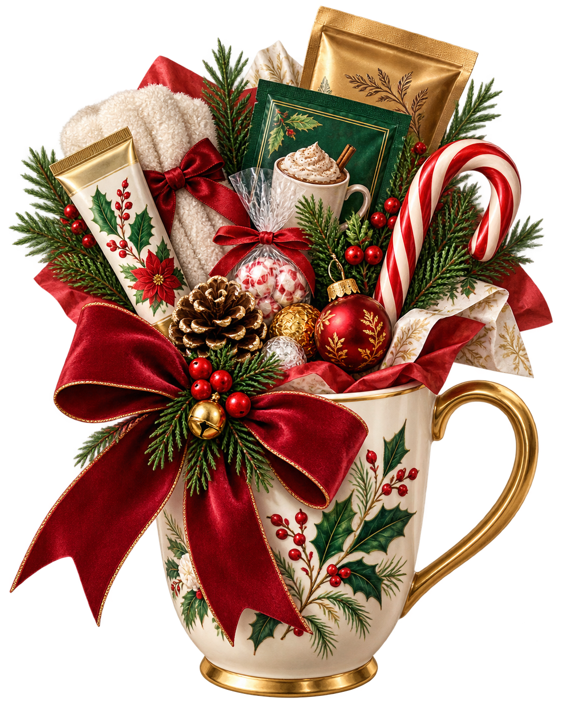 Christmas mug filled with festive gifts, treats and holiday items