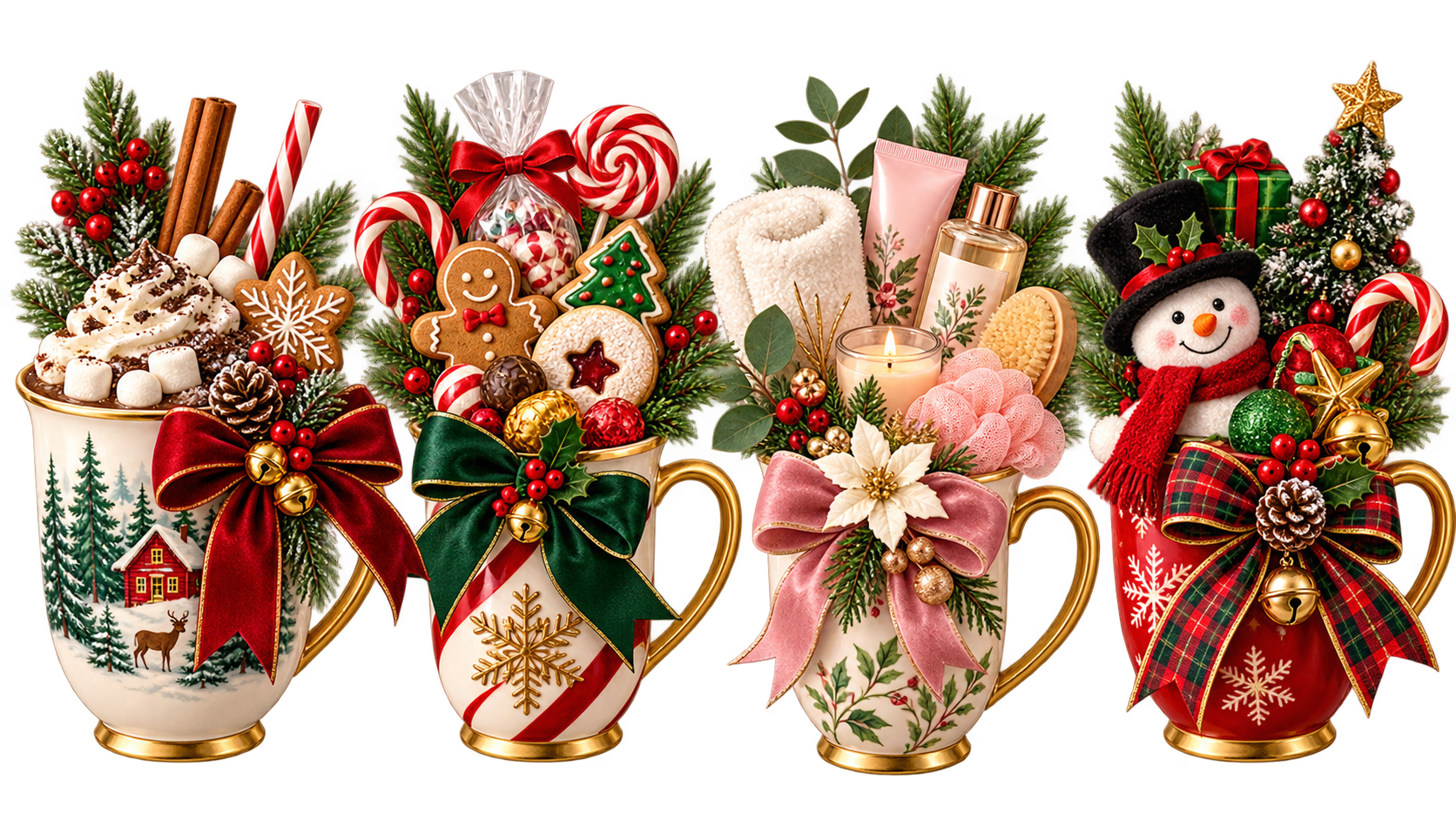 Christmas mug shown from simple mug to a fully filled festive gift mug